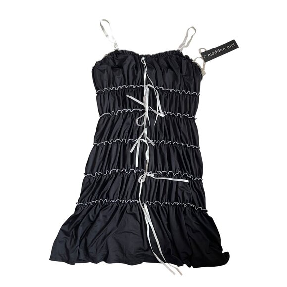 Madden Girl tiered mini dress Small black white contrast trim ruffle bows short - Picture 1 of 3